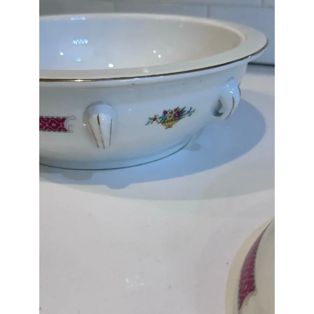 Vintage Covered Dish Multi-Colored Floral Transfer Ware